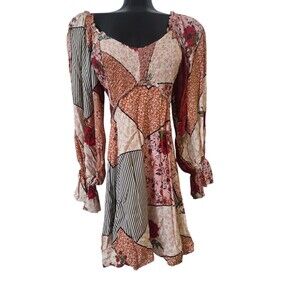 Fate Smocked Bodice Patchwork Mini Dress Women's S Pink Floral Stripe Art I1.1